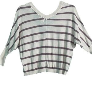 Kenji crop lightweight, loose fit sweater dolman sleeves back V mauve stripe